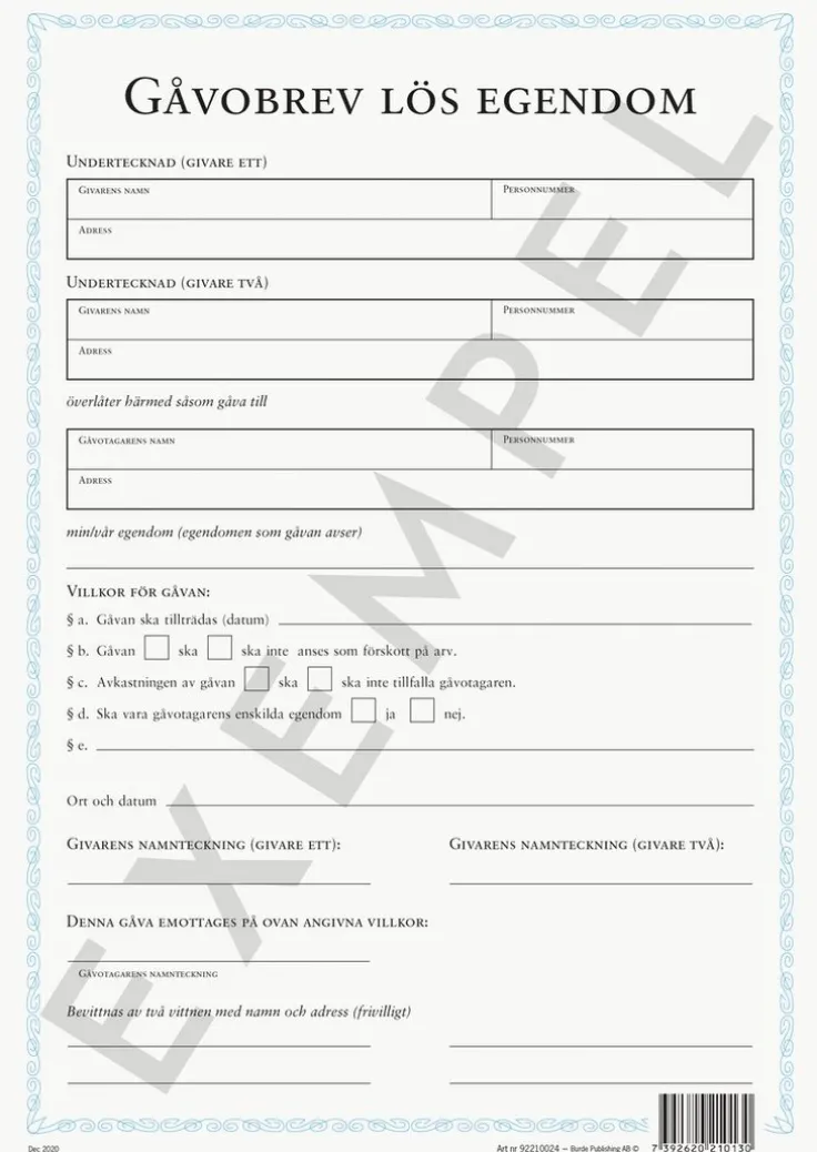 Blankett Gåvobrev lös egendom