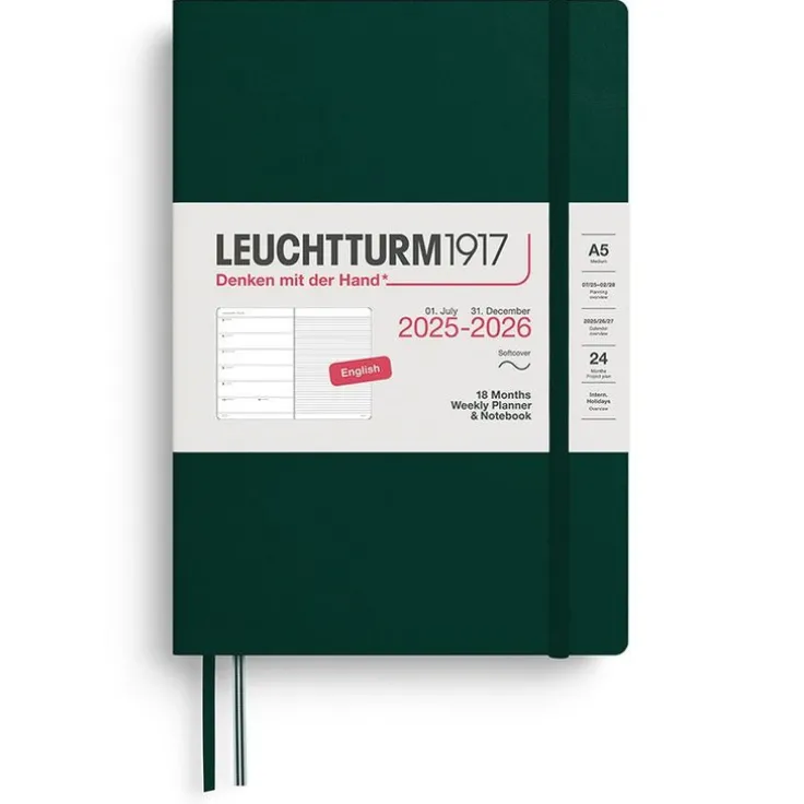 Kalender 2025-2026 Leuchtturm A5 Vecka/Uppslag notes 18mån mjuk Forest green